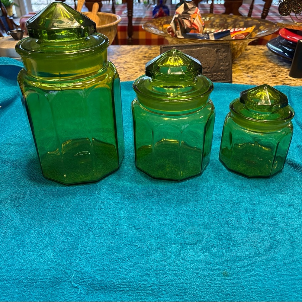 Vintage L.E Smith green glass canisters set of 3